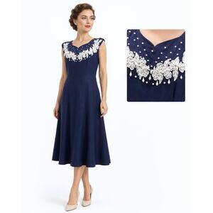 Vintage 1950s Dark Blue Linen Dress w Floral Lace Rhinestone & Bead Trim | M